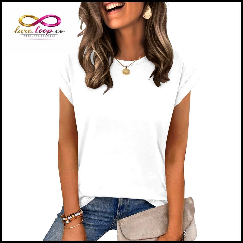 Crew Neck Cap Sleeve T-Shirt Relaxed Fit Polyester Blend Versatile Layering